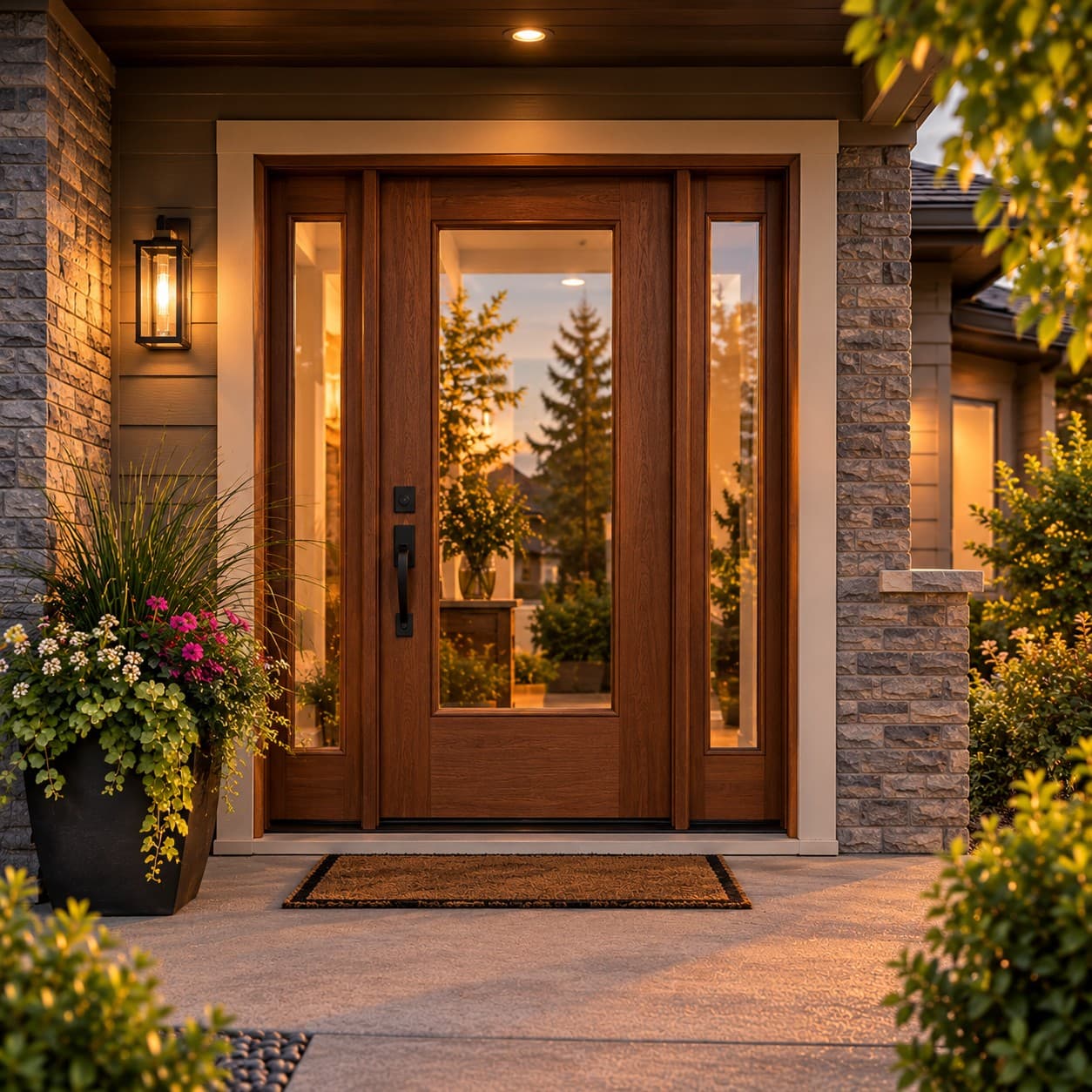 Wood entry door with sidelights on a home